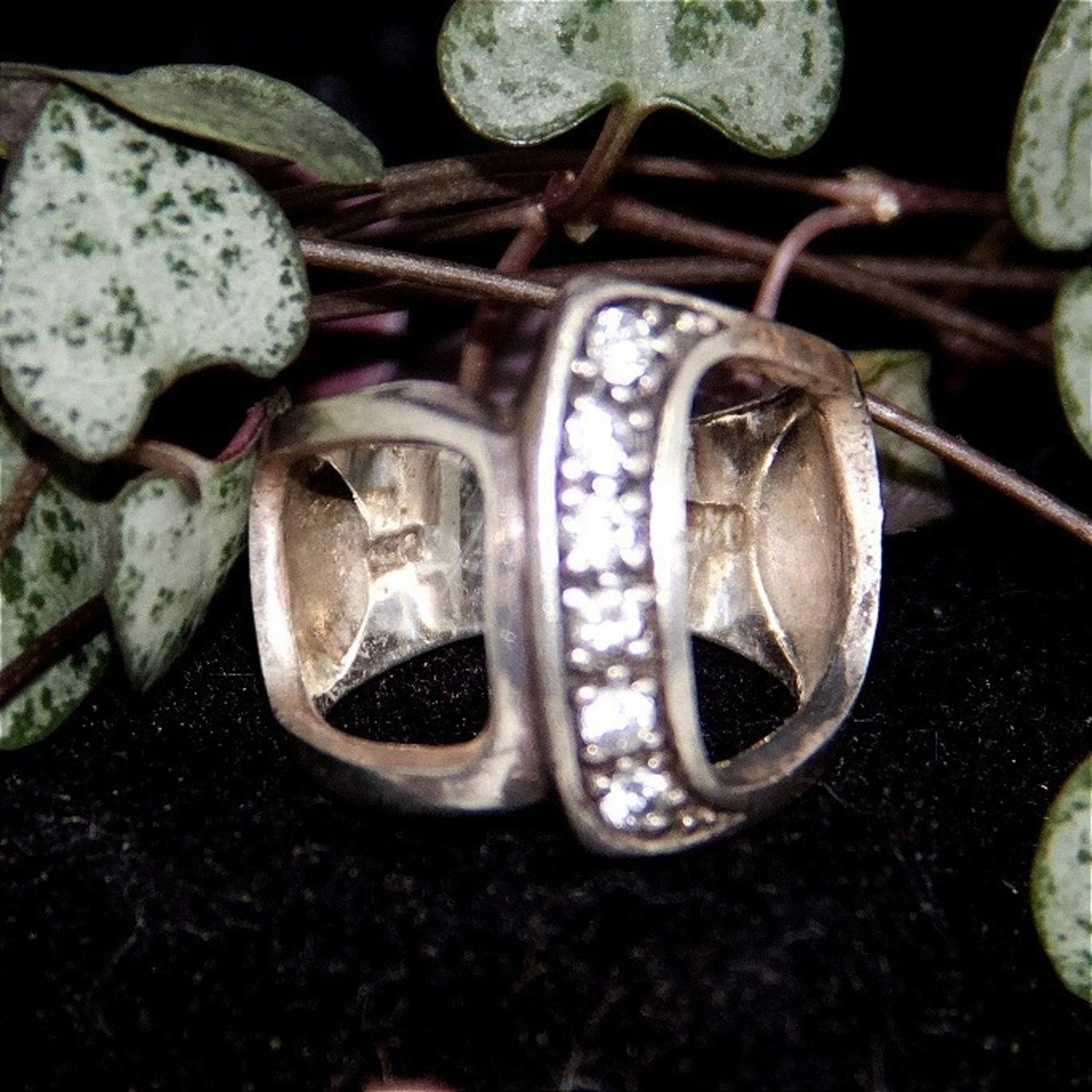 Modernist MCM Sterling Silver Clear Stone Wide Band Ring Size 5.5‎ Geometric